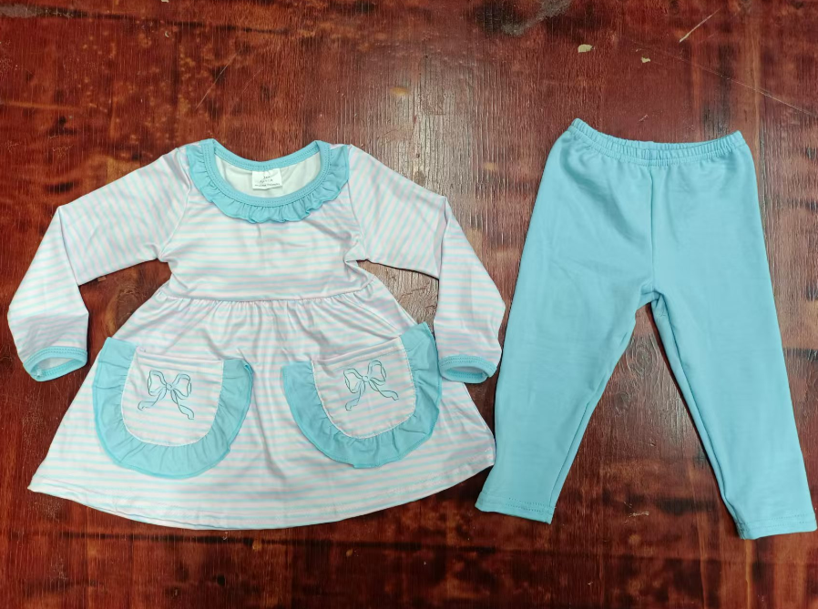 Custom moq 3 eta 6-7weeks Light blue striped pocket long-sleeved top - pure blue trousers set