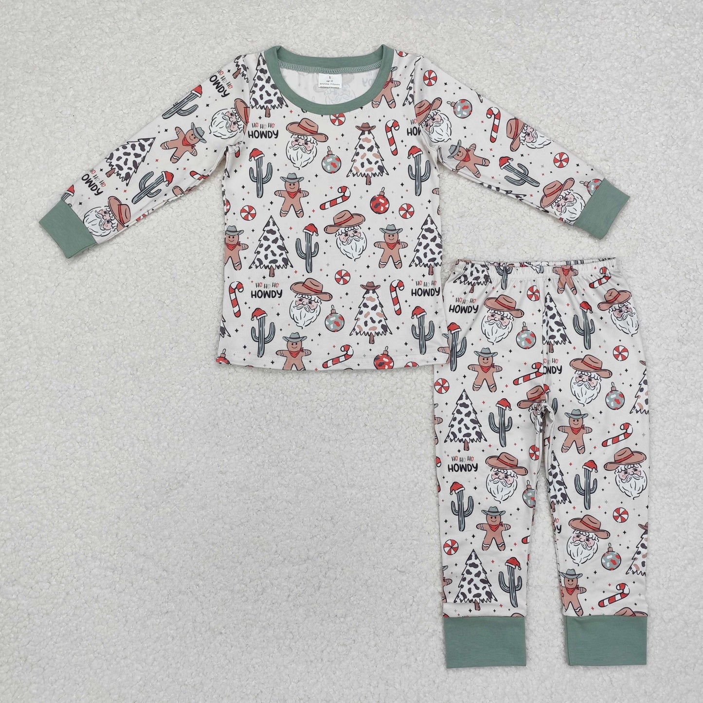 RTS NO MOQ(In Stock) BLP0817 Cowboy hat Santa Claus cactus gingerbread man beige green long-sleeved trousers pajamas set