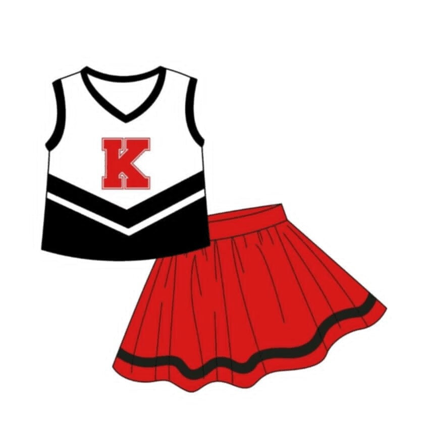 Deadline September 16 custom no moq eta 6-8weeks Black Letter Sleeveless Top-Red Cheerleading Skirt Set