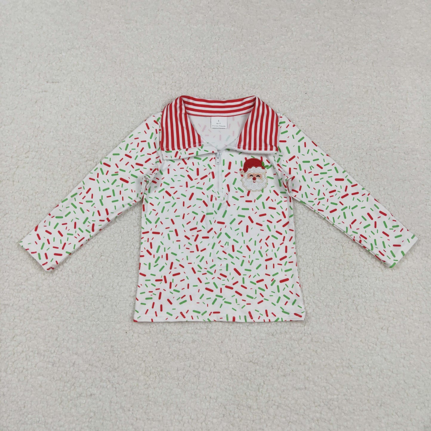 RTS NO MOQ(In Stock) BT1294 Embroidered Ice Cream Santa Claus White Zippered Long-Sleeved Top