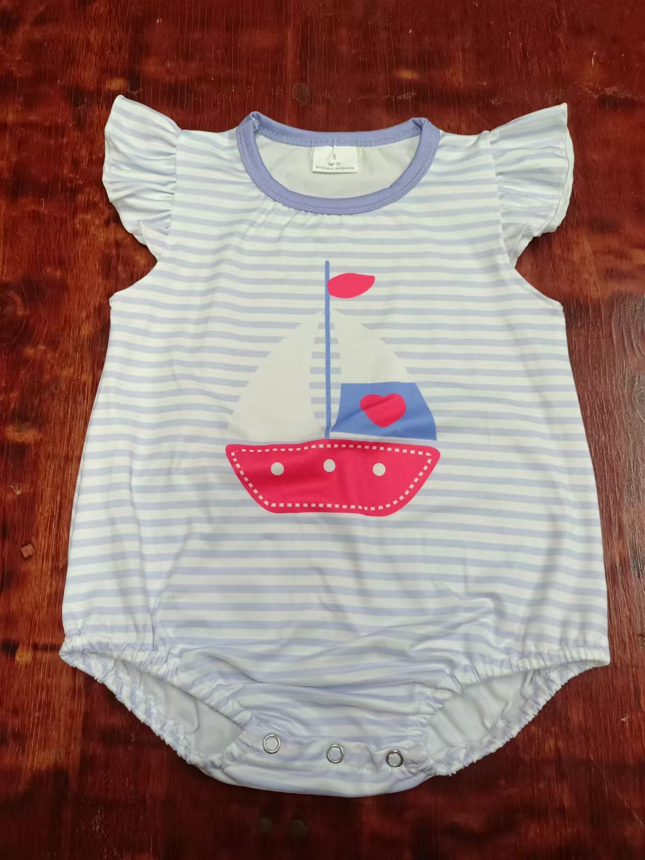 Custom moq 3 eta 6-7weeks Red sailboat light purple striped flying sleeve romper