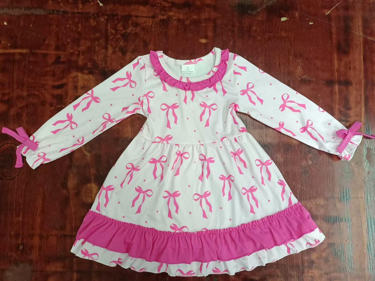 Custom moq 3 eta 6-7weeks Pink Bow Pattern Ruffle Neck Long Sleeve Dress