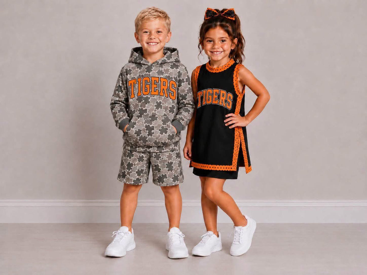 custom moq 5 mix size TLDS0101 Baby Kids Orange Letter Print Boys Camo Hoodie Shorts Set Girls Separate Shorts Sleeveless Split Tunic Short Team Clothes Sets