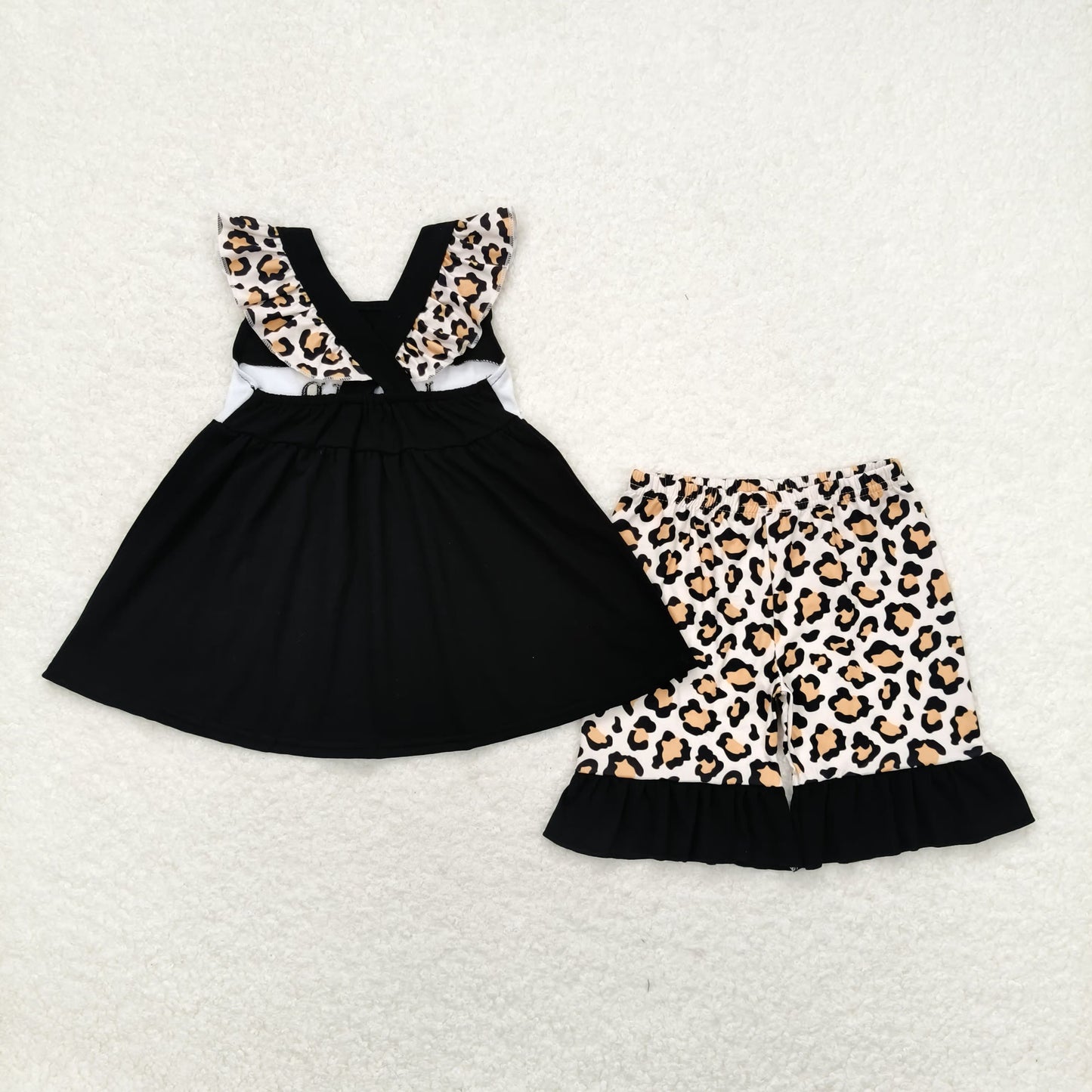 RTS NO MOQ(In Stock) Embroidered I love dad lettering black leopard print flying sleeve shorts suit