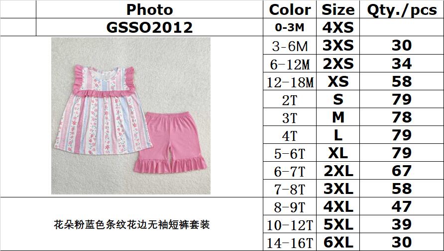 RTS NO MOQ ETA 5/7days Arrived GSSO2012 Flower pink and blue striped lace sleeveless shorts set