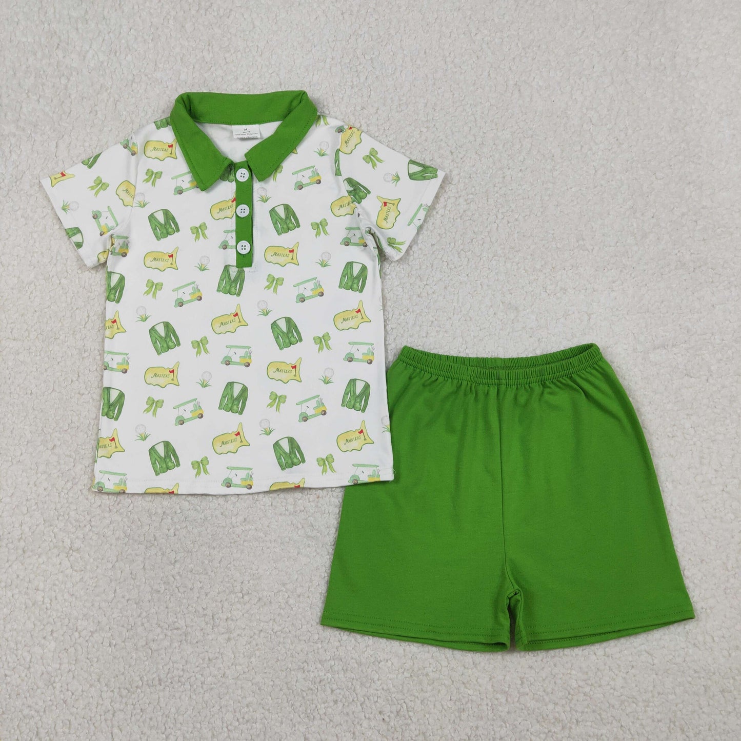 RTS NO MOQ(In Stock) BSSO1697 White short-sleeved suit with green shorts, button-down collar, and golf cart-style design.