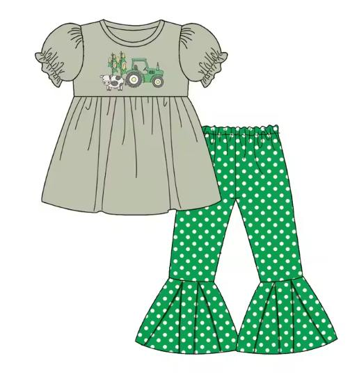 Custom moq 5 each style eta 6-7weeks baby girl clothes green short sleeve pants set 2 and romper and dress and jumpsuit-25.7.26