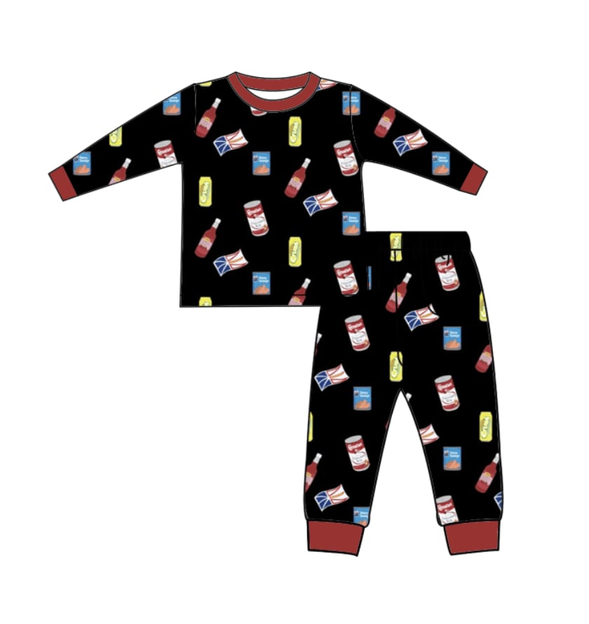 Deadline November 14 custom no moq eta 6-8weeks Flag-Soda Pattern Black and Red Long Sleeve Long Pants Pajama Set