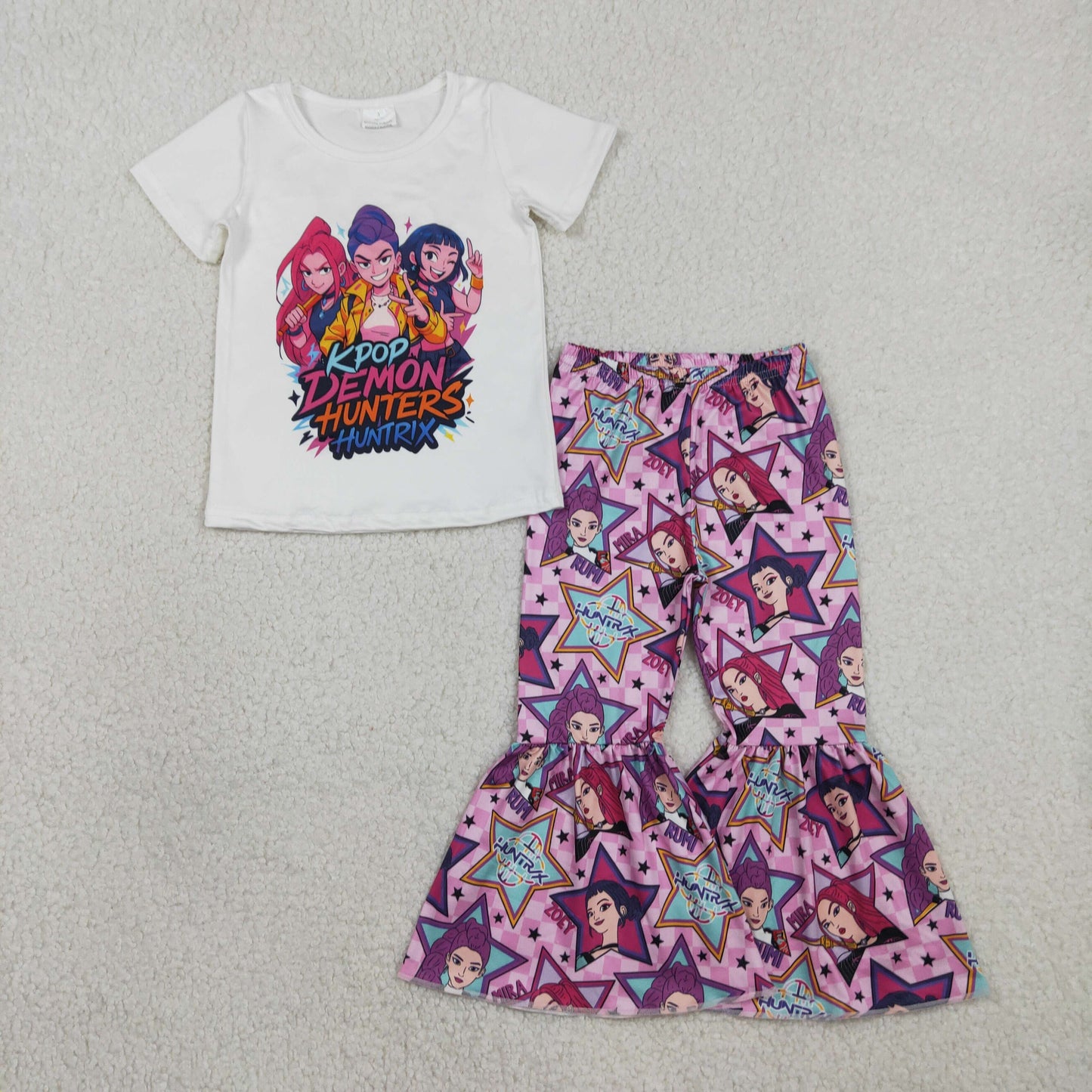 12/18m-14/16t RTS NO MOQ(In Stock) GSPO2130 Kpop Letter White Short-Sleeve Star Checkered Pants Set