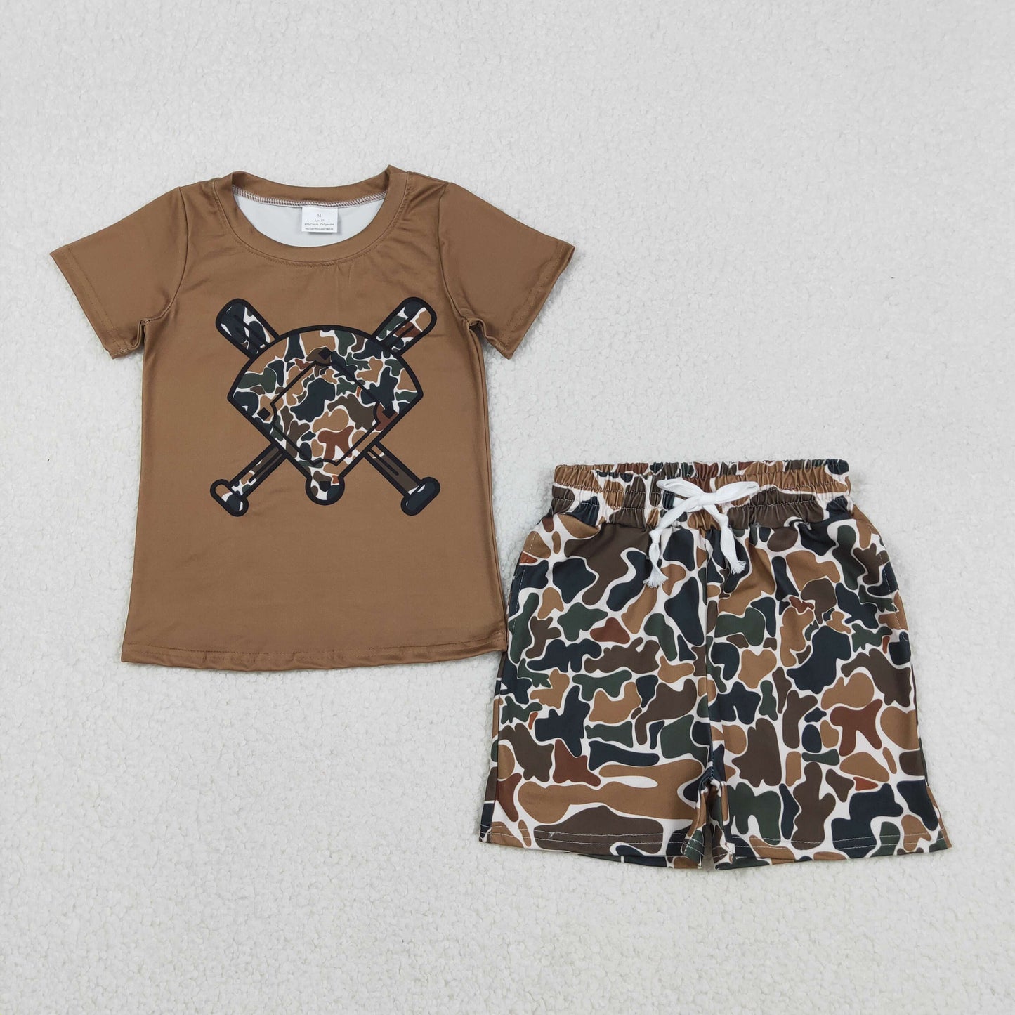 RTS NO MOQ(In Stock) BT1420+SS0732 Brown-green camouflage beige fan-shaped baseball short-sleeved shirt Boys' shorts set-BSSO1588