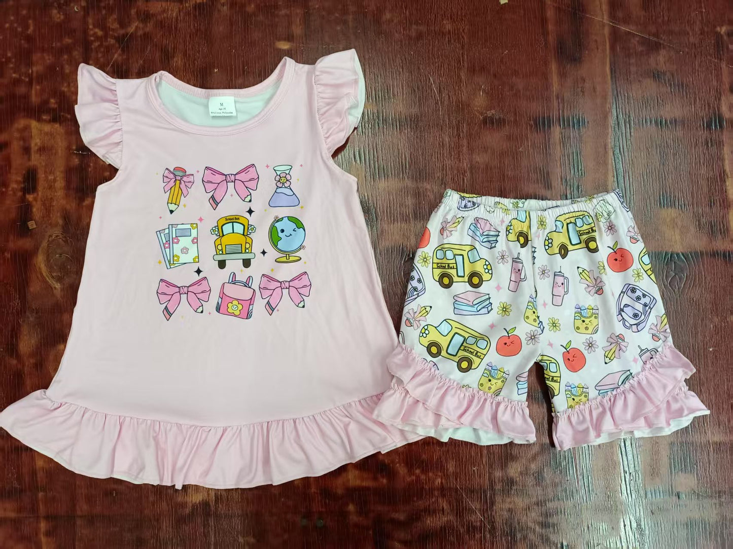 Custom moq 3 eta 6-7weeks baby girls clothes back to school bow pink flying sleeve shorts sets