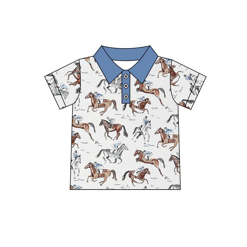 BT0553 Horse riding blue collared short-sleeved top