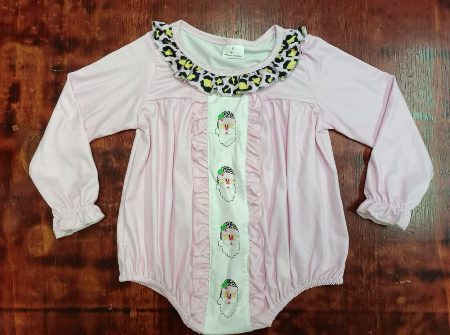 Custom moq 3 eta 6-7weeks Pink Santa Claus Pleated Long Sleeve Romper