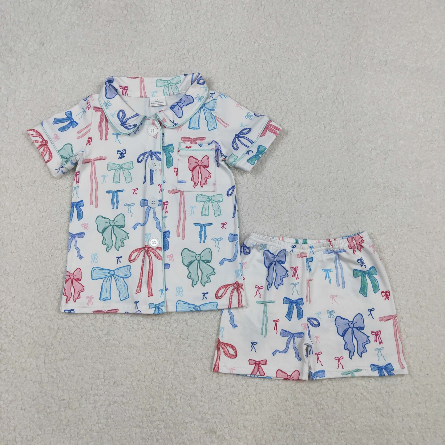 RTS NO MOQ(In Stock) GSSO2217 White Short-Sleeve Pajama Set with Colorful Bow Pattern