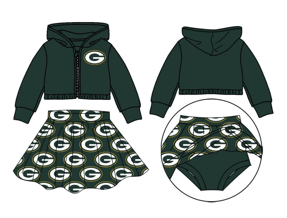 Deadline October 21 custom no moq eta 6-8weeks Dark Green Letter G Zipper Hooded Jacket-Pleated Skirt Set