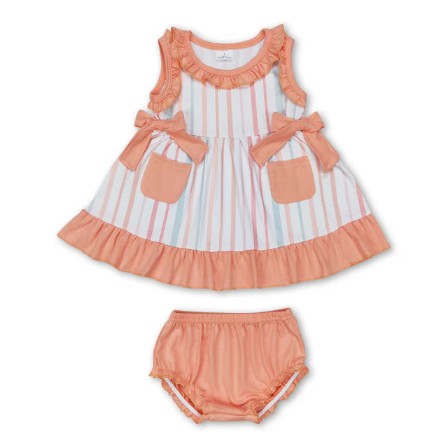 RTS NO MOQ Sibling Baby Girls Blue Pocket Pink Flowers Sleeveless Top Summer Bummies Clothes Sets