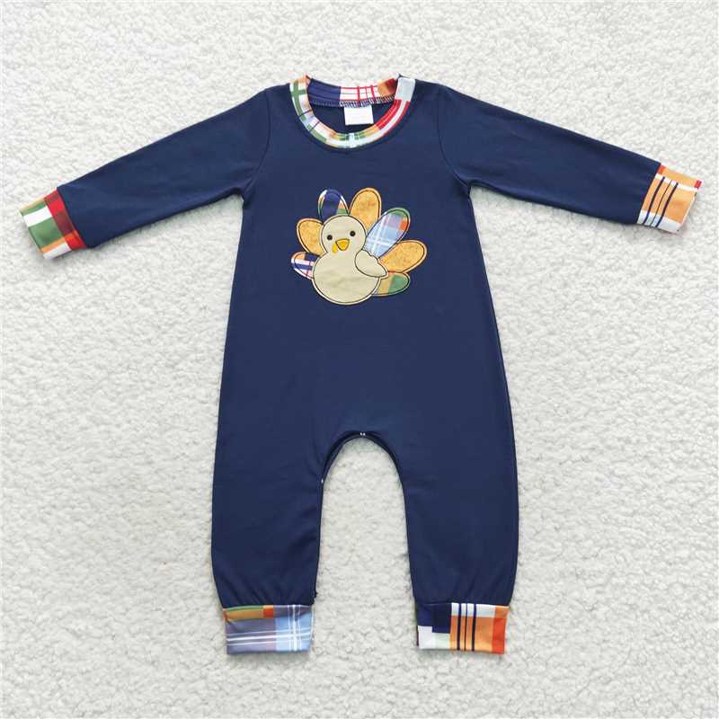 RTS NO MOQ(In Stock ) LR0367 Embroidered turkey navy blue long-sleeved jumpsuit
