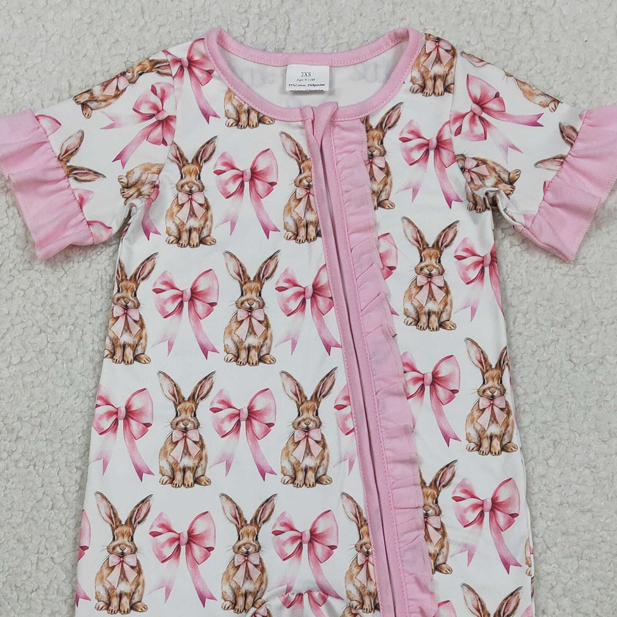 RTS NO MOQ SR2020 Baby Girls Easter Rompers Short Sleeve Bows Rabbits Design Ruffle Zipper Closure Outfit for Infants