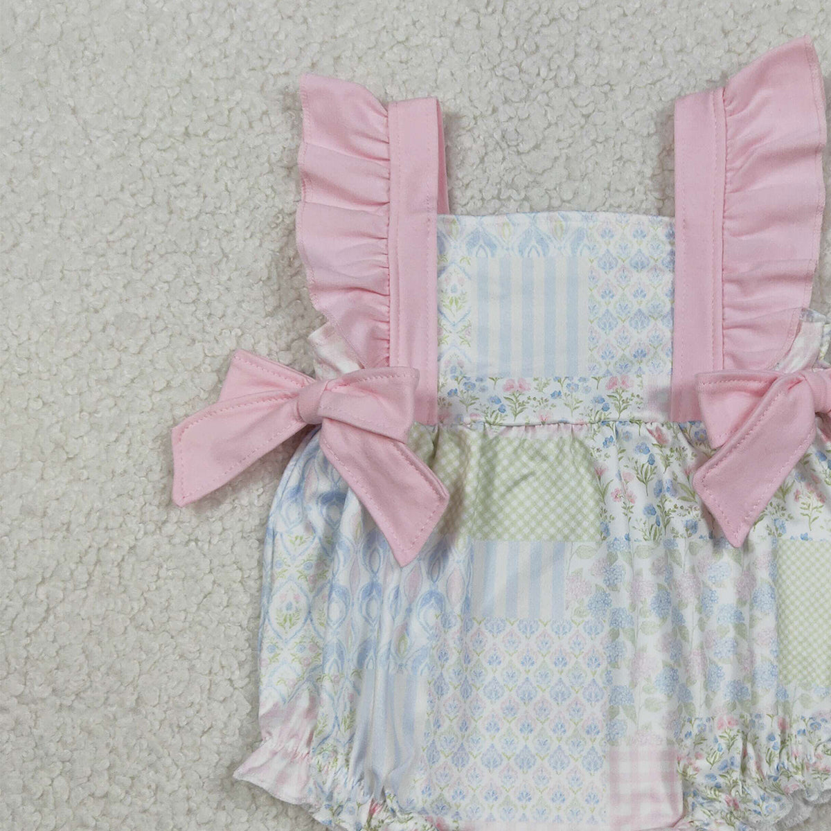 RTS NO MOQ SR3675 Baby Girls Pink Checked Rompers with Flutter Sleeves Bows And Ruffles for Infants