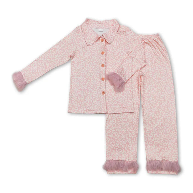 RTS NO MOQ Sibling Adult Women Button Up Top Pants Fur Sleeve Pajamas Sets