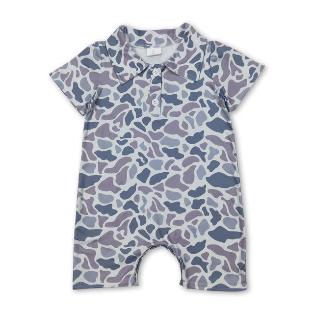 RTS NO MOQ Sibling Baby Boys Short Sleeves Blue Camo Button Rompers