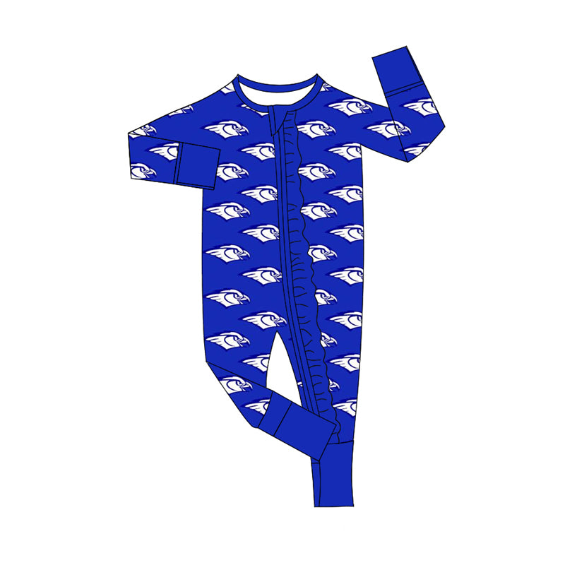 Deadline October 31 custom no moq eta 6-8weeks White Eagle Head Klein Blue Long Pleated Zipper Romper