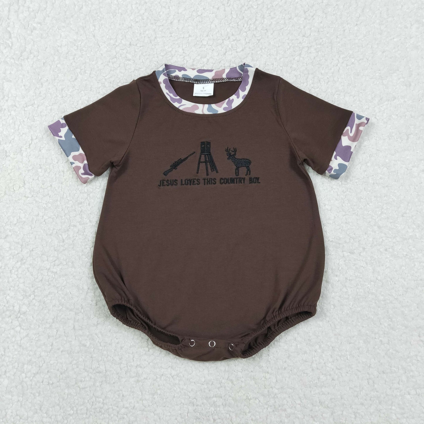 RTS NO MOQ(In Stock) SR3280 Jesus Loves This Country Boy Embroidered Letter Shotgun Reindeer Camouflage Brown Short-Sleeve Jumpsuit