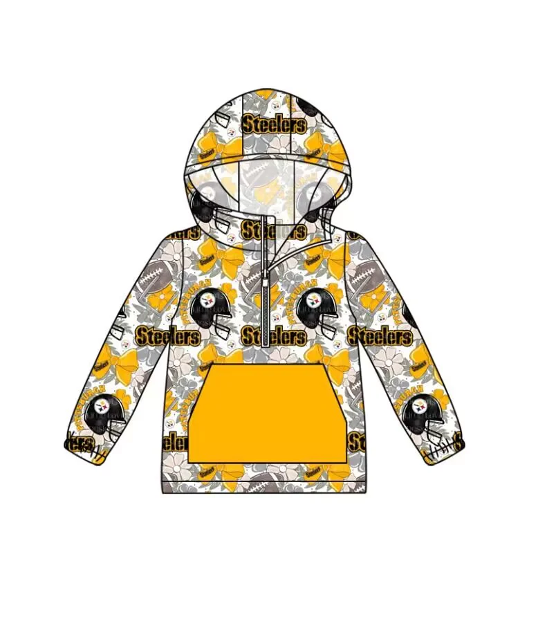 Deadline November 21 custom no moq eta 6-8weeks Orange and yellow bow helmet pocket grey zipper pullover long sleeve top