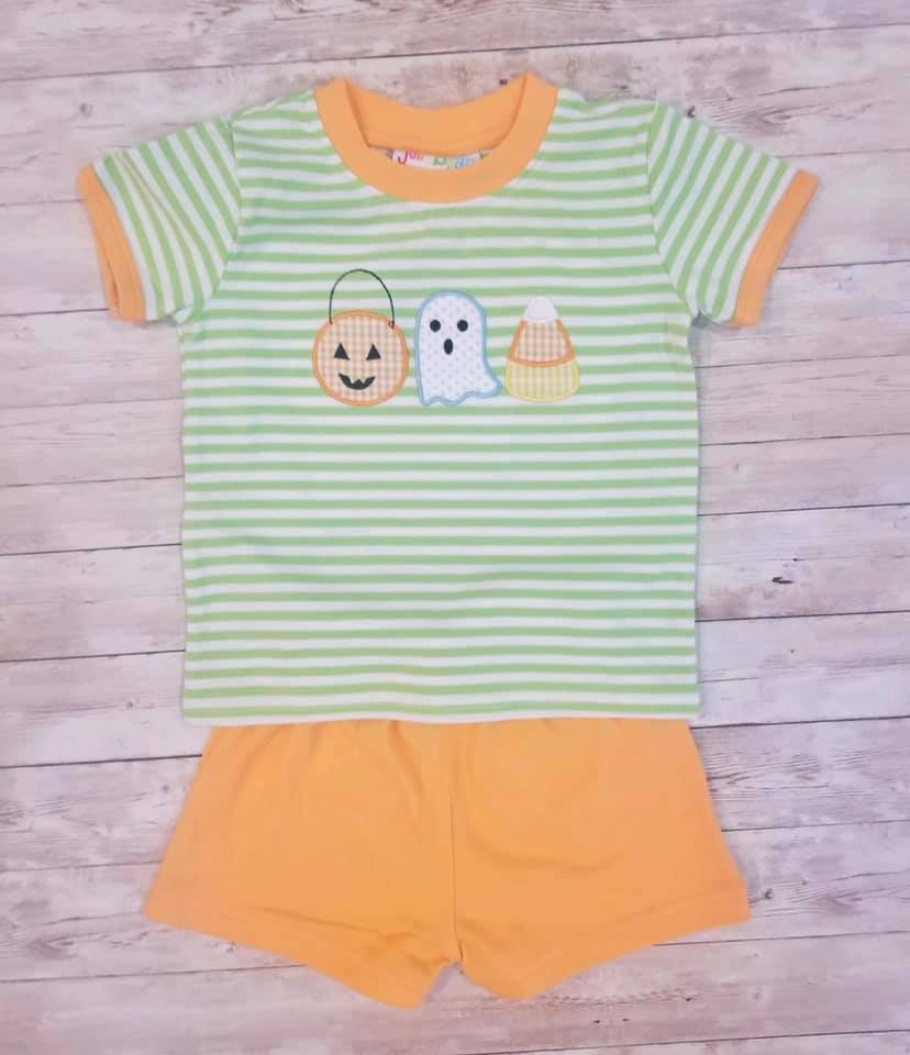 Deadline July 214custom no moq eta 6-7weeks Striped Boys Short Sleeve and Shorts Pumpkin Suit