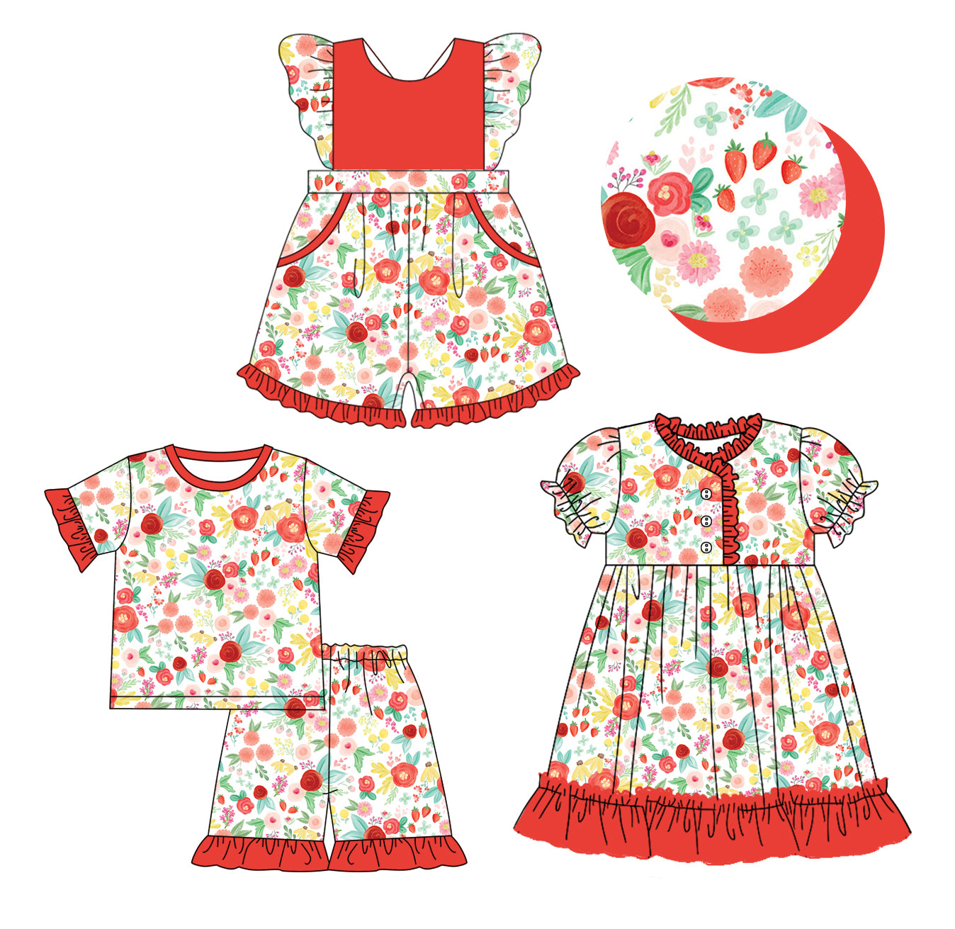 12.10 custom each style moq 5eta 4-6week Sibling Sister floral red baby girl short sleeve shorts sets and dress and jumpsuits match family design