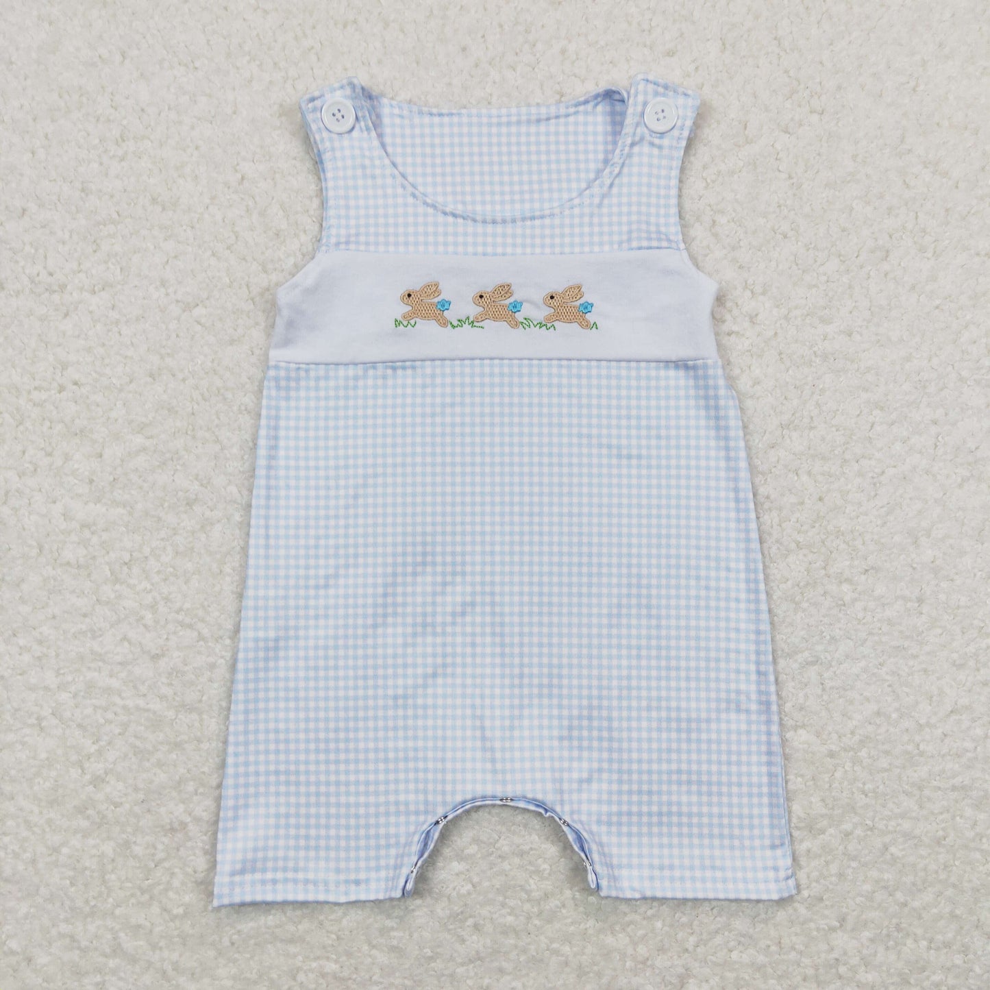 RTS NO MOQ(In Stock) Embroidered Three Rabbits Blue Plaid Sleeveless Jumpsuit
