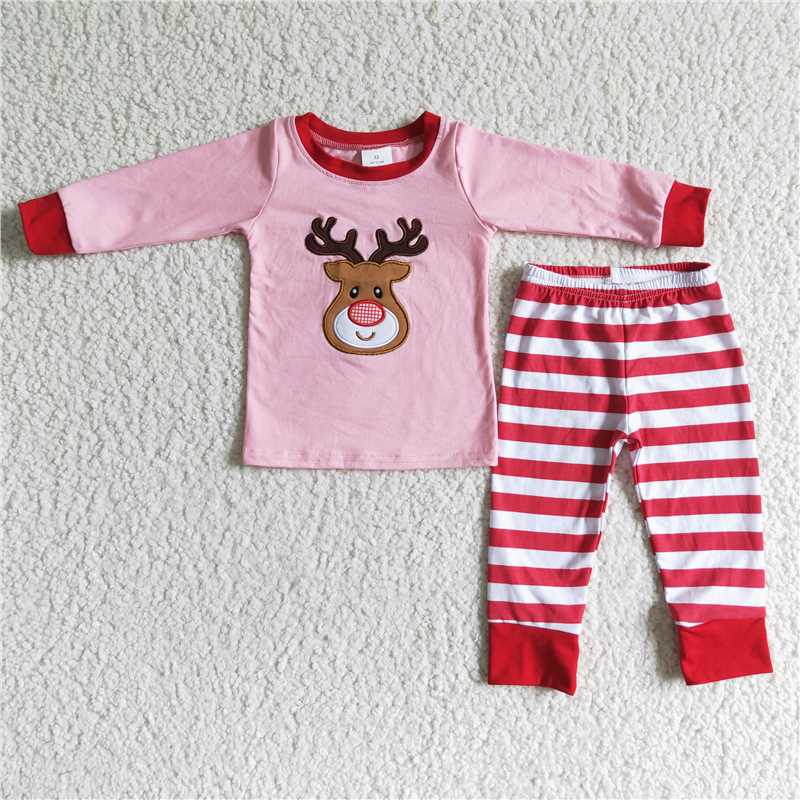 RTS NO MOQ(In Stock) 6 B4-24 Embroidered Christmas deer Long Sleeve Pants Set