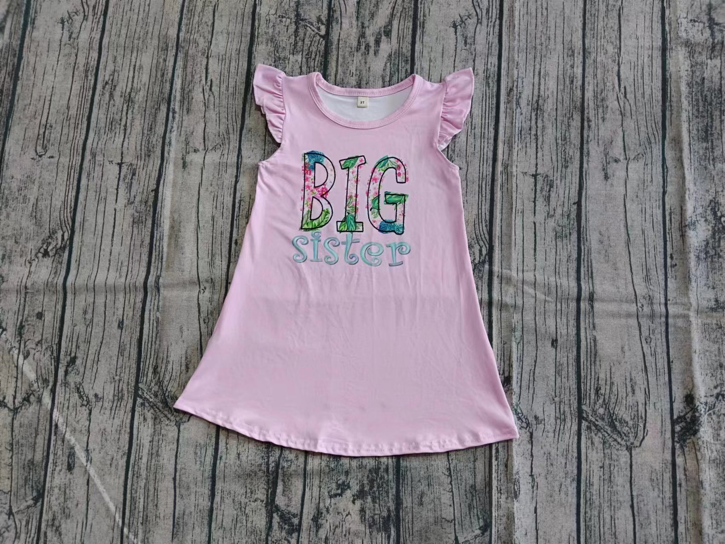 Custom moq 3 eta 6-7weeks baby girl clothes BIG SISTER pink flying sleeve dress-25.5.27