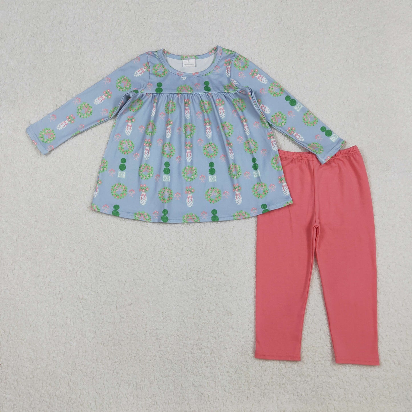 RTS NO MOQ(In Stock) GLP2868 Christmas wreath and vase bow pattern blue long-sleeved pink pants set