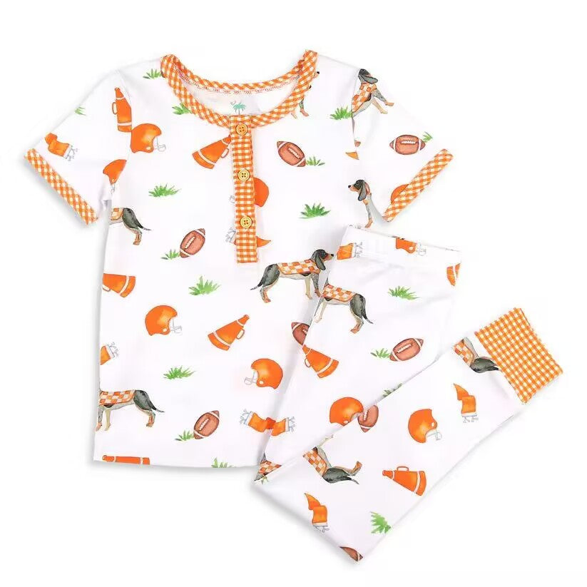 Custom moq 3 eta about 6-8 weeks baby girls clothes dog orange Short Sleeve Long Pants Pajama Set