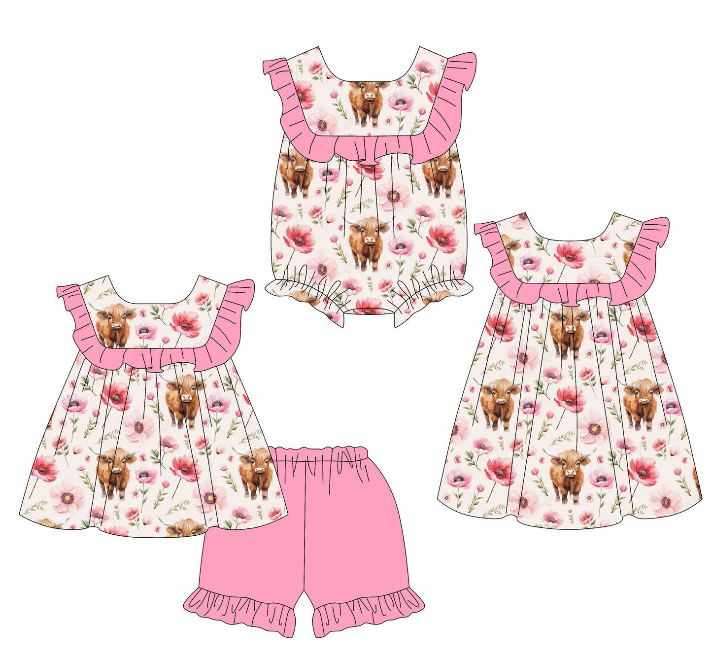 2.10 custom each style moq 5eta 4-6week Sibling Sisters floral baby girl short sleeve shorts sets and dress and rompers match family design