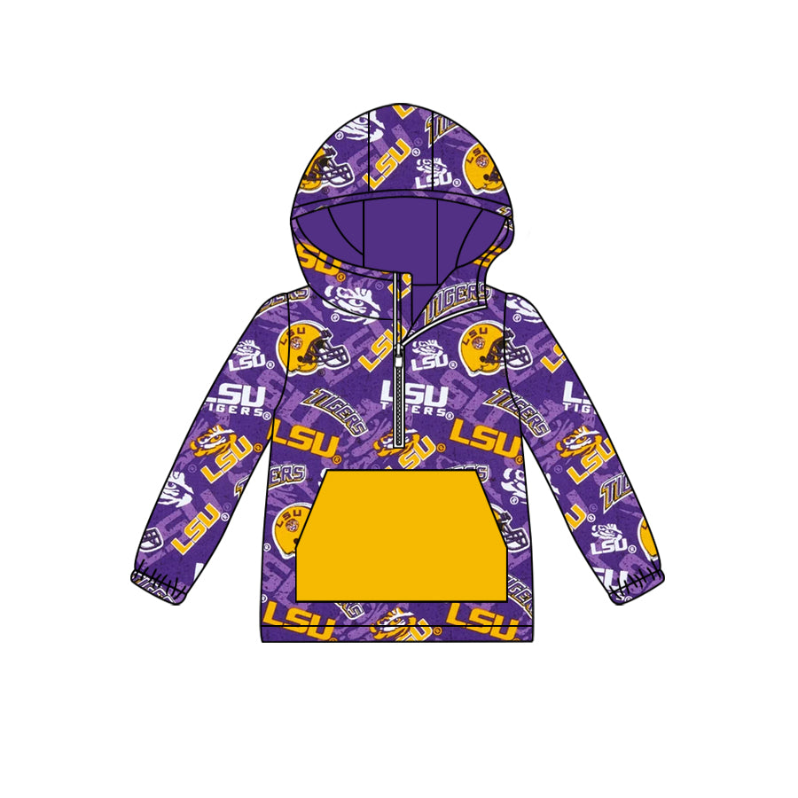 custom moq 5 tat about 6-8week Purple Yellow Hood Zipper Yellow Long Sleeve Pullover