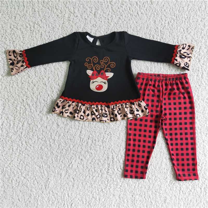 RTS NO MOQ(In Stock) 6 A18-27 Embroidered Christmas deer Long Sleeve Pants Set