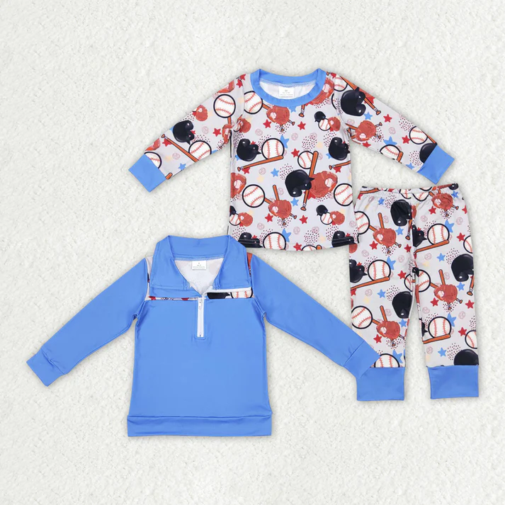 RTS NO MOQ Cob-Glove-Stick Blue Long Sleeve Long Pants Pajama Set & Zipper Pullover Long Sleeve Top