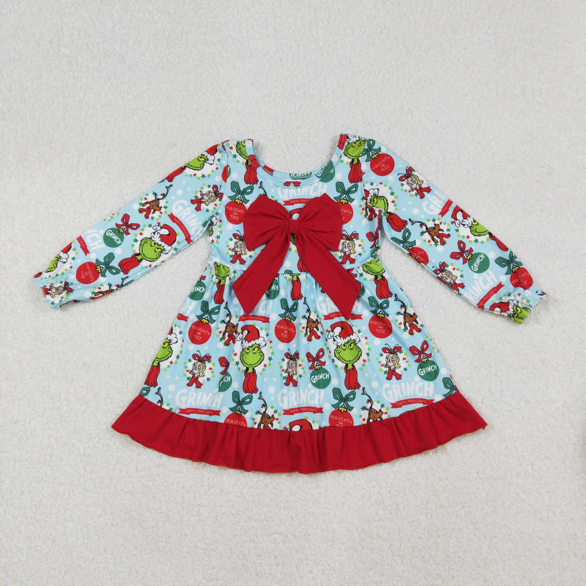 RTS NO MOQ(In Stock) GLD1269 Cute Clothes Blue Christmas long-sleeved dress with a red lace bow
