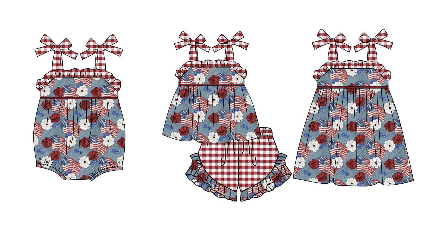 11.26 custom each style moq 5eta 4-6week Sibling Sister 4th of july floral baby girl short sleeve shorts sets and dress and rompers match family design