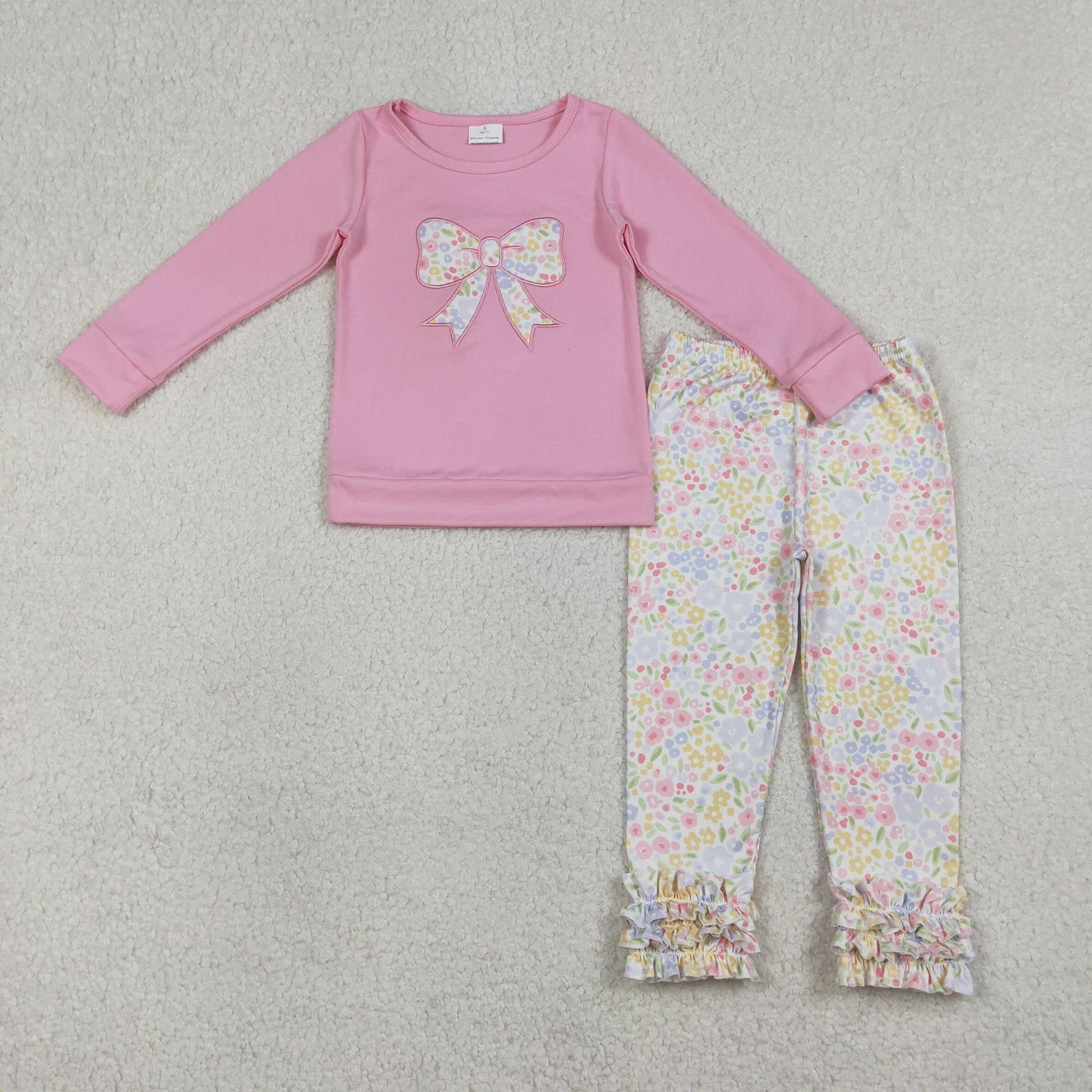 RTS NO MOQ(In Stock) GT1537+P1005 Embroidered Floral Print Pink Long-Sleeved Top with Bow Pattern Lace-Trimmed Pants-GLP3242
