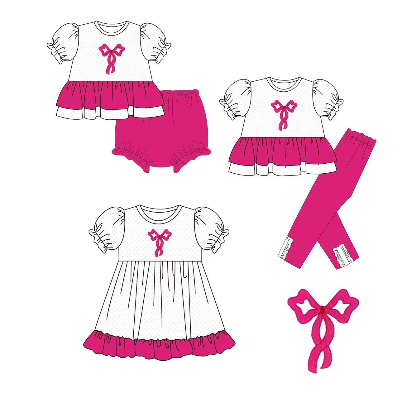 Custom moq 5 each style eta 6-7weeks baby girl clothes bow short sleeve pants and dress and briefs sets