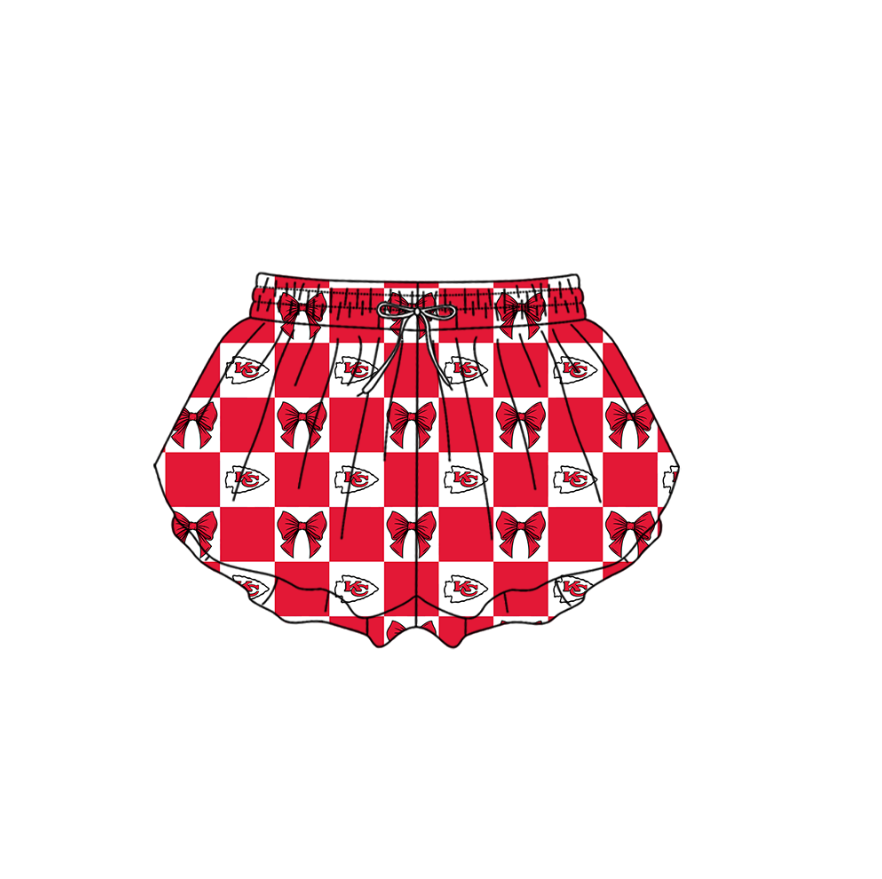 Custom moq 3 or 5 mix size milk silk summer teams baby girl clothes bow red summer shorts