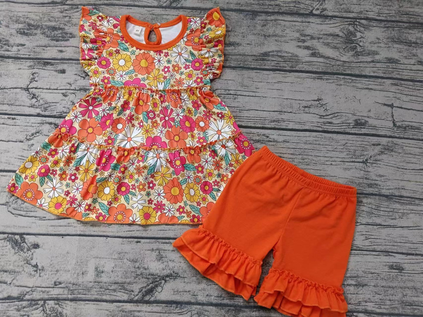 Summer girl's orange short-sleeved shorts suit, sunflower flower orange