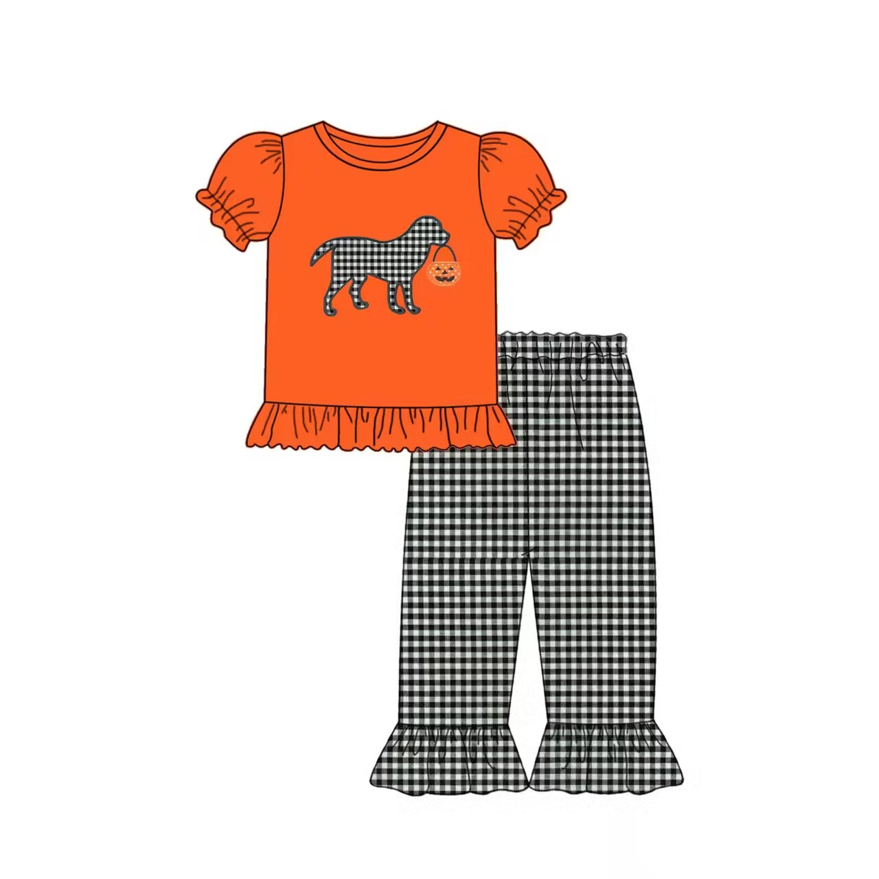 Custom moq 3 eta 6-8weeks Short-sleeved black and white plaid puppy orange lantern sleeve suit