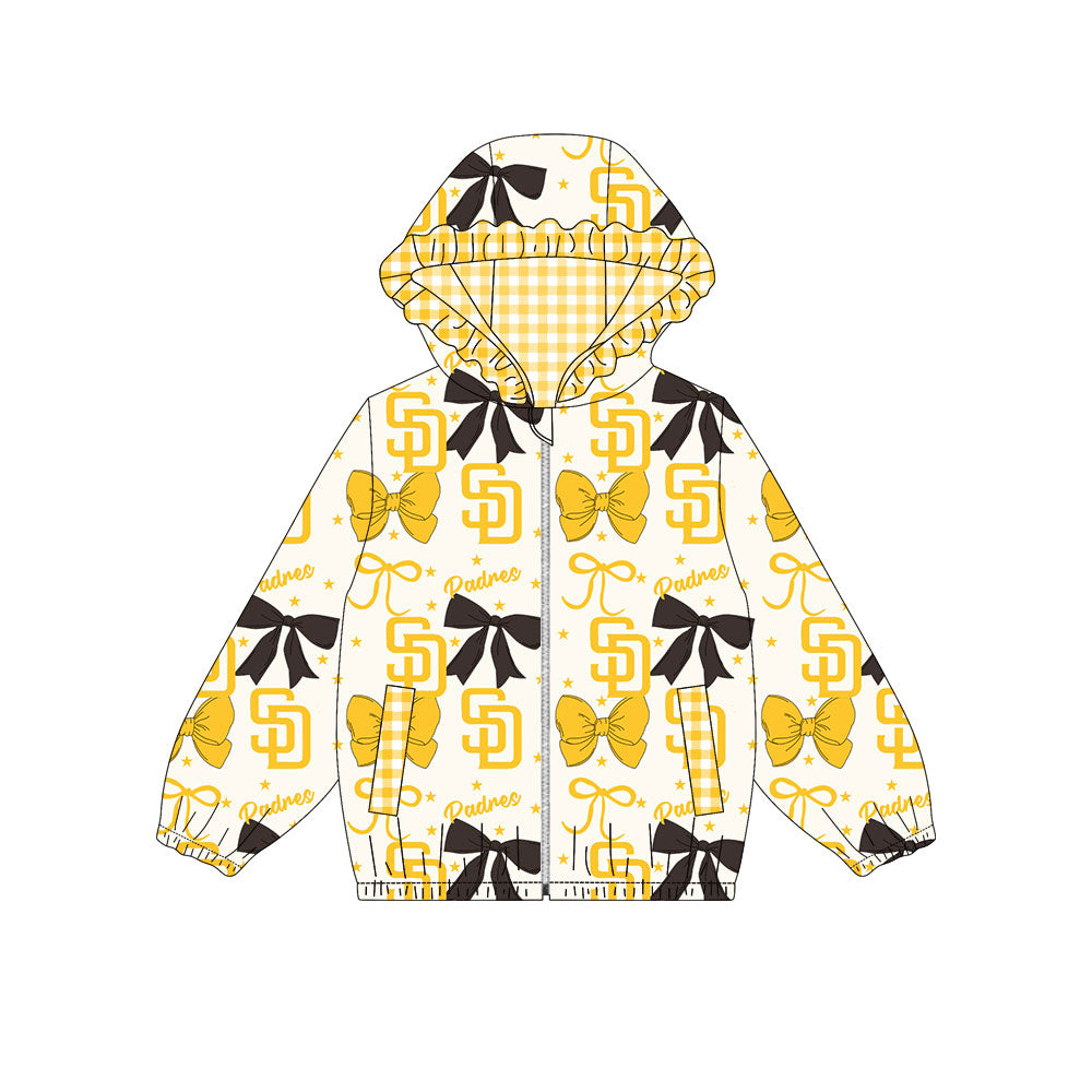 1002-Custom moq 8 mix size milk silk summer team baby girls clothes bow yellow and black hooded long sleeve top-25.10.9