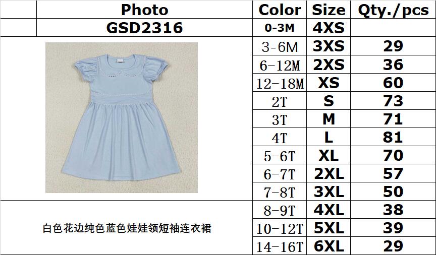 RTS NO MOQ(In Stock) GSD2316 White lace solid blue short-sleeved dress with doll collar