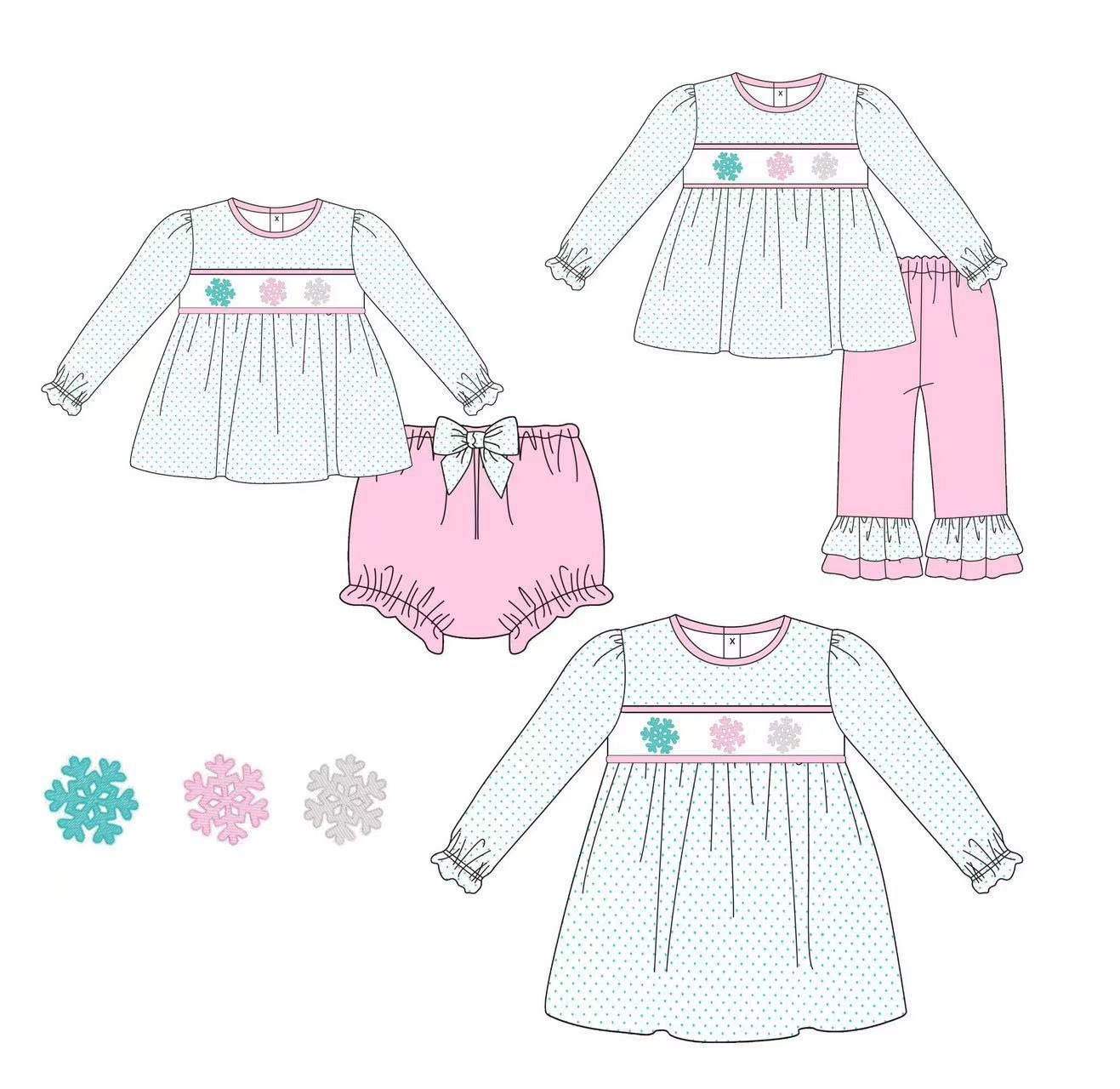 Custom moq 5 each style eta 6-7weeks baby girl clothes long sleeve pants and dress and briefs sets