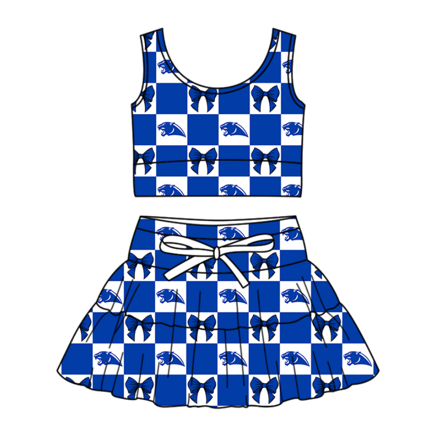 Custom moq 3 or 5 mix size milk silk summer teams baby girl clothes bow blue sleeveless skirts sets